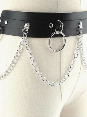 Black Faux Leather Goth Punk Chain Belt with Silver Rings